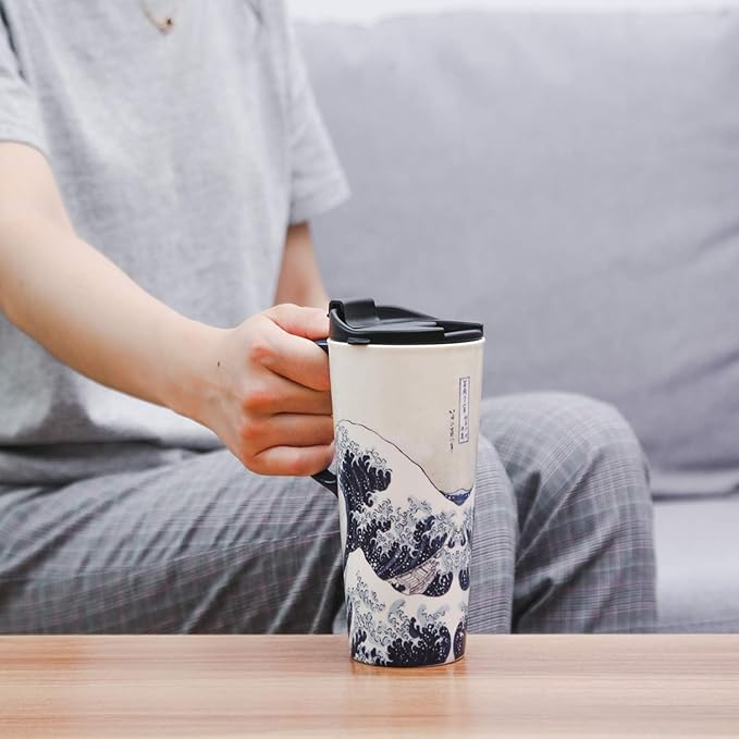 Topadorn Ceramic Coffee Mug with Lid and Handle Ceramic Travel Mug Porcelain Latte Teacup in Color Box 17 Oz, Splash Resistant Lid - To Go Tumbler for Car Cup Holder, Wave Art Mug