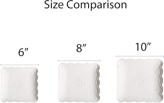 Jusalpha Set of 4-Square Embossed Lace Ceramic Plate-Dinner Plate Set, Pasta/Salad/Dessert Plate Dishwasher MicrowaveTableware Set for Restaurant Family Party Kitchen Use (White, 10 Inches)