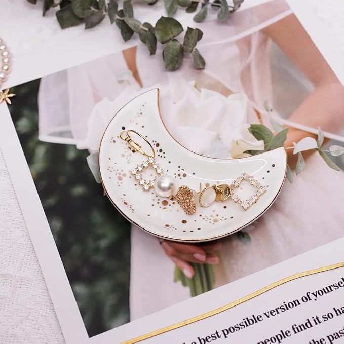 Soddeph Small Moon Ceramic Jewelry Tray, Decorative Trinket Dish, Ring Holder Plate, Modern Accent Tray for Bathroom, Nightstand, Entryway Table, Vanity (1, White)