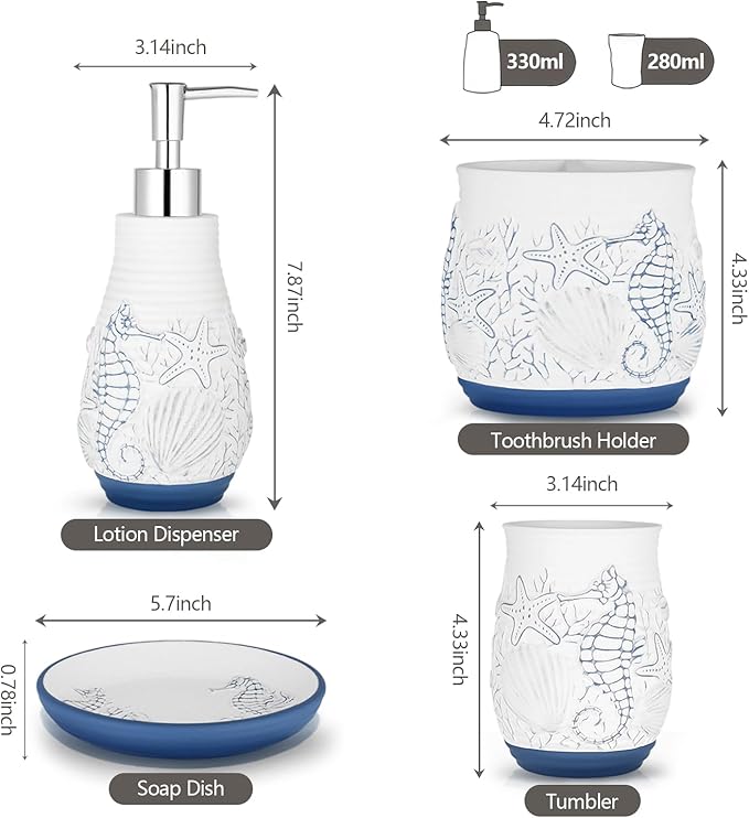 Beach Theme Bathroom Accessory Sets 4PCs Bathroom Set Complete Embossed Seashell Starfish Design Includes Lotion Dispenser Toothbrush Holder Tumbler Cup & Soal Dish