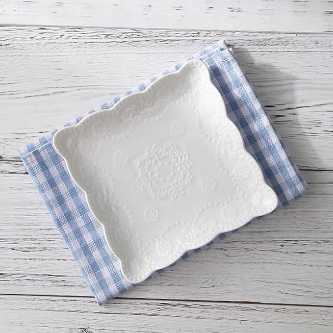 Eplze YBK Tech Elegant Square Embossed Lace Plate Bone China Dessert Plate Ceramic Plate for Breakfast Afternoon Tea (White, 6-inch)