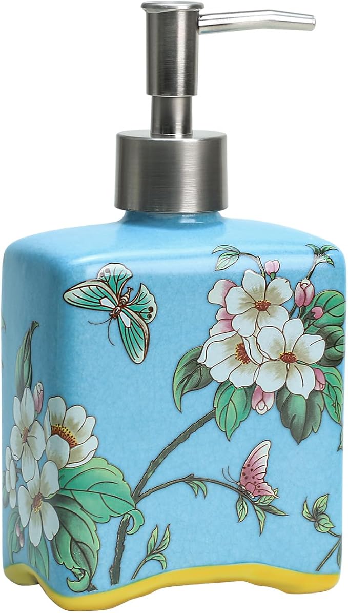 Ceramic Soap Dispenser, Lotion Bottle with Removable Pump, Flower Pattern Dispenser for Kitchen and Bathroom - Blue, 13 OZ