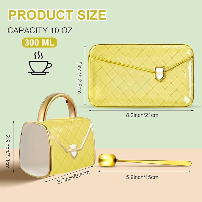 Zubebe 1 Set Coffee Mug Elegant Handbag Shaped Cup Mother's Day Modern Ceramic Purse Mug with Spoon and Saucer, 10oz Cute Creative Tea Cup for Woman Girls Gift (Light Yellow)