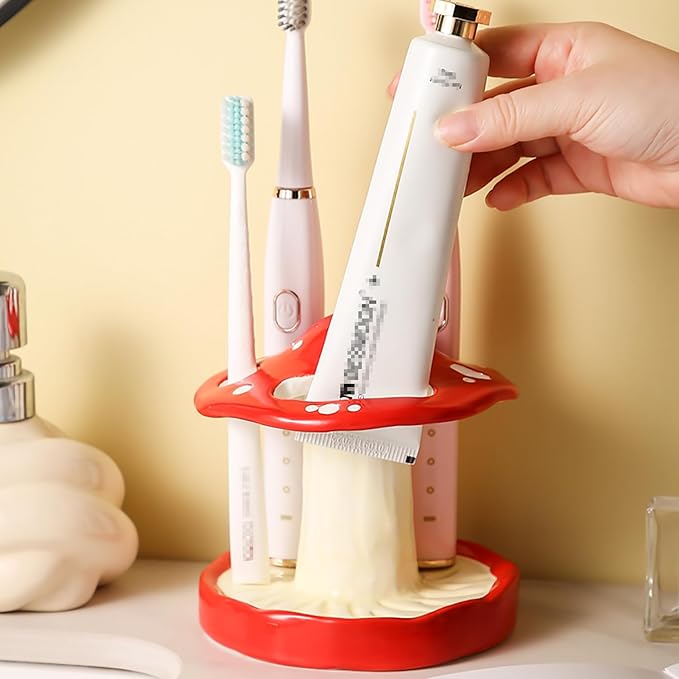 Gaolinci Cartoon Mushroom Ceramic Toothbrush Holder, Bathroom Toothbrush and Toothpaste Storage Decoration