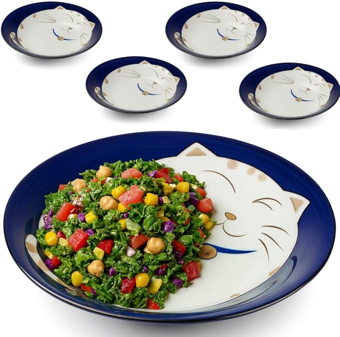 JapanBargain, Set of 4 Japanese Soup Bowls Shallow Porcelain Bowl for Curry Rice Cereal Poke Salad and Dessert, Maneki Neko Smiling Cat Pattern, Made in Japan, 8.5 inch, Blue Color
