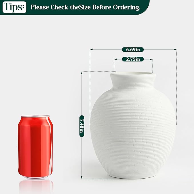 Ceramic Flower Vase Home Decor - 7.4 Inch Vintage Ceramic Vase Large Vases for Decor Living Room Large Ceramic Vase for Dining Room Bathroom Indoor and Outdoor Decoration