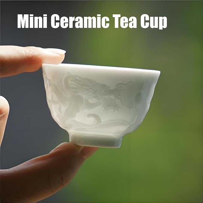 2Pcs Ceramic Tea Cup, 1.5 Oz Handmade Chinese Teacup, Mini Japanese Sake Cups, No Handle Asian Embossed Double Dragon Cup for Kungfu Style Tea Ceremony, Hot Tea, Matcha, Dishwasher Safe