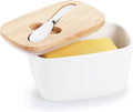 GDCZ Large Ceramic Butter Dish for Countertop - Butter Keeper with Silicone Sealing, Natural Wooden Lid and Stainless Steel Knife, Kitchen Decor for Kitchen Gifts (White Larger Capacity)