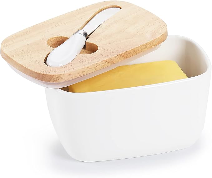 GDCZ Large Ceramic Butter Dish for Countertop - Butter Keeper with Silicone Sealing, Natural Wooden Lid and Stainless Steel Knife, Kitchen Decor for Kitchen Gifts (White Larger Capacity)
