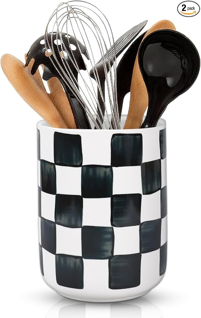 JarThenaAMCS Checkered Ceramic Utensil Holder Watercolor Black White Plaid Utensil Crock for Home Kitchen Countertop Storage Organizer, Set of 2
