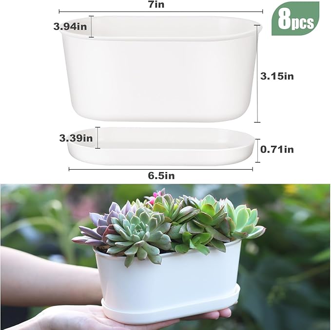 Set of 8 White Oval Window Sill Planters with Drainage Holes and Trays（7 Inch） for Herbs Basil Orchids Succulents, Modern Herb Garden Planter for Indoor/Outdoor Plants