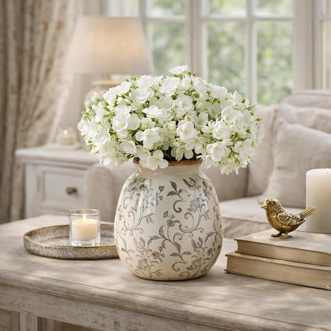 SIDUCAL Ceramic Vintage Pastoral Vase, 7.2 Inch Chinoiserie Floral Vase, Retro Ice Cracked Rustic Farmhouse Vases for Home Decor, Living Room, Bookshelf, Office, Tuscan Decor, Gray Floral