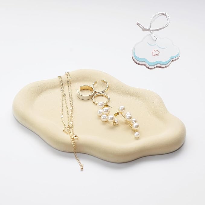 Jewelry Dish Trinket Tray for Women, Ring Dish Holder, Unique Cloud Shape Ceramic Plate Cute Things Vanity Aesthetic Room Decor Mother's Day Birthday (Flocked Custard)