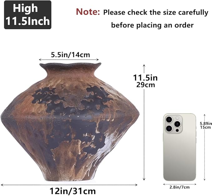 Dark Brown Terracotta Ceramic Vase, 11.5" Large Rustic Farmhouse Pottery Vase with Wide Mouth, Watertight Wabi Sabi Flower Vase for Pampas Grass and Table Centerpieces Decor