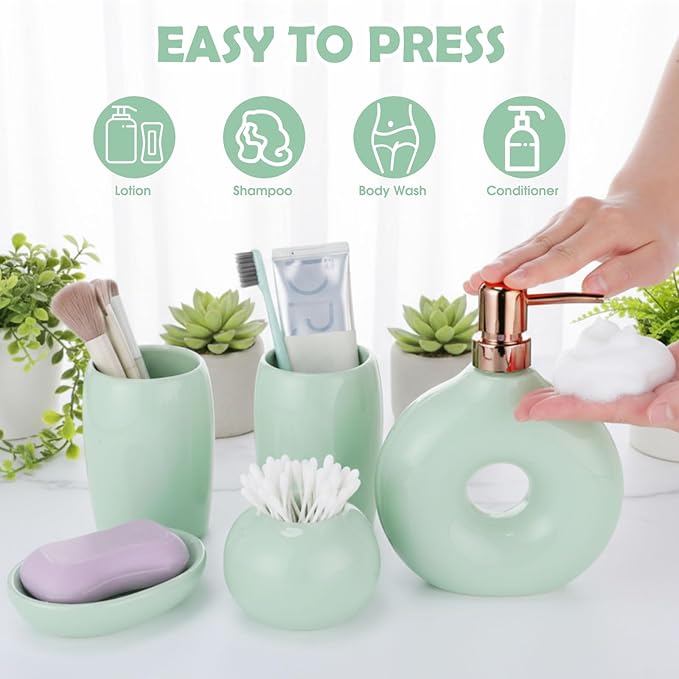 5 Pcs Ceramic Bathroom Accessories Set Includes Soap Dispenser Toothbrush Cup Holder Soapbox Holder Stylish Modern Bathroom Matte Glaze Decor (Green)