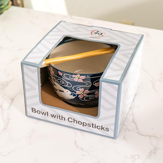 Urban Tokyo Handpainted Ceramic Glazed Japanese Ramen Udon Noodle Rice Bowl With Chopsticks 20 fl oz 5 inch Diameter Bowl Sets Color Box Packaging (Cherry Blossoms Rabbit)