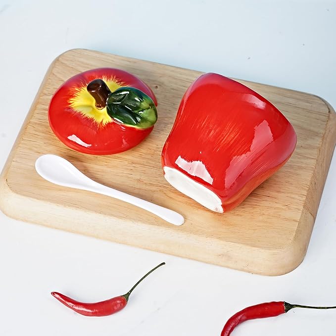 Hand-painted Ceramic Fruit Shape Sugar Bowl Spice Jar Seasoning Pot with Lid Spoon (Apple)