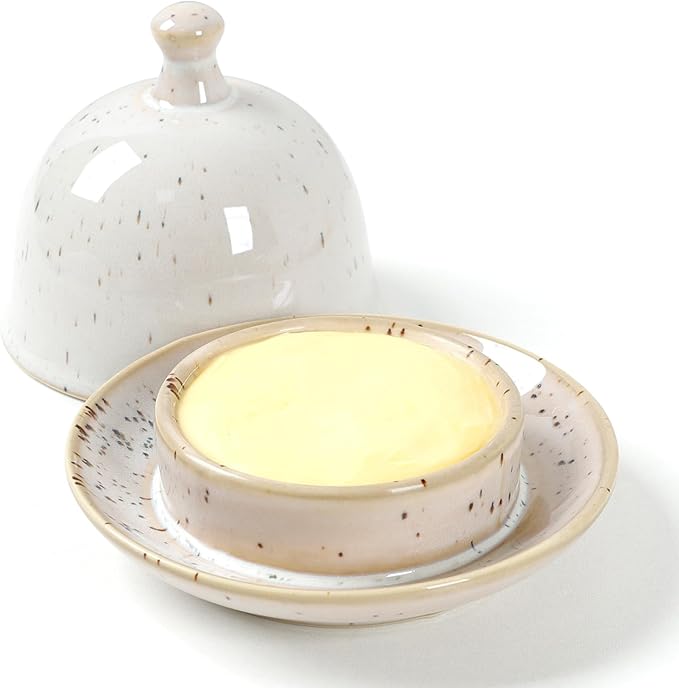 Butter dish, Ceramic Small Butter Dish with Lid, 2026 NEW Original Design Mini Butter Crock Keeper with Handle, 17 OZ Mini Butter Container Cover and Water Sealing 2 Ways Sealing (Speckled Off-White)