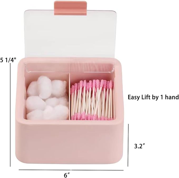 Tecbeauty Qtips Storage Organizer - 2 Grids Separate Cotton Swabs Dispenser Qtips Holder Bathroom Canisters with Hinged Lids for Cotton Balls, Pads, Pink