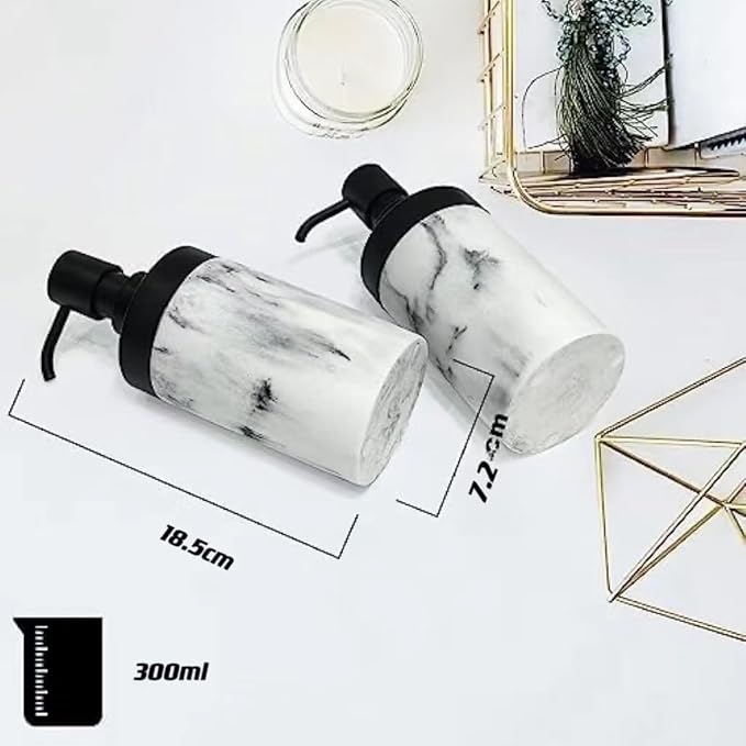 2 Pcs Bathroom Marble Soap Dispenser Set-Marble Wide Open, Refillable Liquid Circular Marble Decorative Soap Dispenser for Bathroom Countertop & Kitchen Home Decor, White
