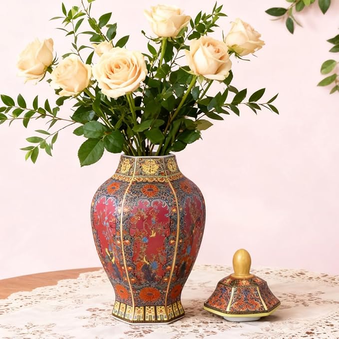 Ceramic General Jar - Antique Cloisonné Enamel Vase with Gold Rim, 11.8" Tall Storage Canister for Kitchen, Jingdezhen Porcelain Vase for Home Decor, Ideal Gift for Housewarming