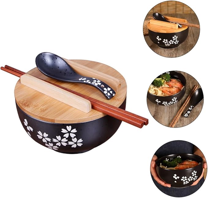Mobestech 1 Set Ceramic Noodle Bowl with Lid Japanese Style Soup Bowl for Kitchen Tableware for Serving Noodles Salads and More Easy to Clean