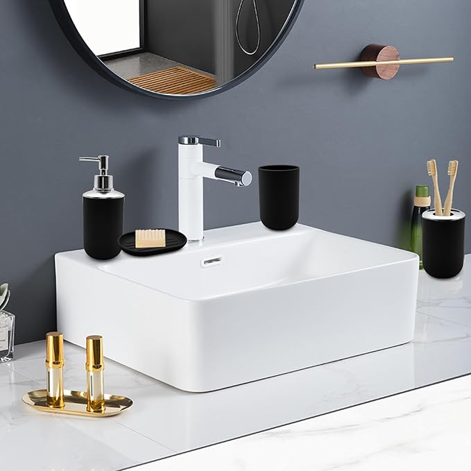 Bathroom Accessory Set, 4 pcs Shatter-Resistant Resin Bathroom Accessories Set Include Lotion Soap Dispenser Toothbrush Holder Soap Dish Modern Bathroom Decor, Gift for Home (Black 4pcs)