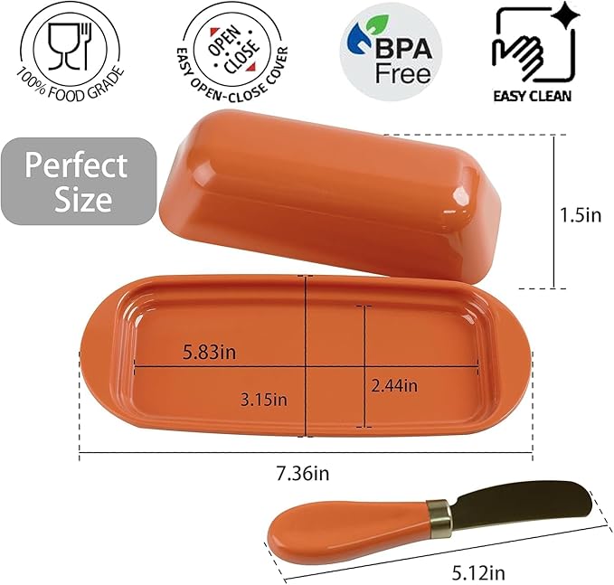 BPA-Free Melamine Butter Dish with Lid & Stainless Steel Knife - Farmhouse Butter Keeper for Countertop & Refrigerator, Dishwasher Safe, Holds 1 Stick with East & West Coast Butter-Orange