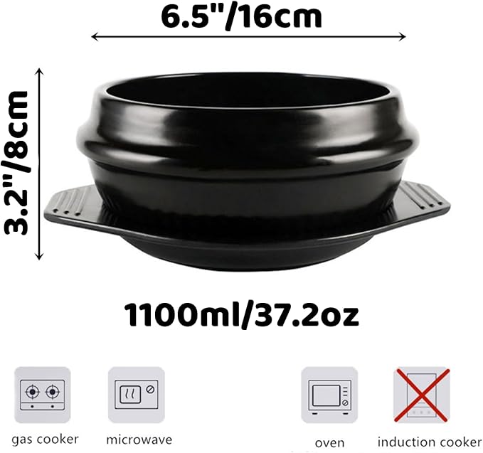 XICHENGSHIDAI Dolsot Bibimbap Earthenware Stone Bowl, Korean Cooking Soup Ceramic Pot, Donabe Pot for Ttukbaegi and Korean Stew with Tray 1100ml / 37.2oz