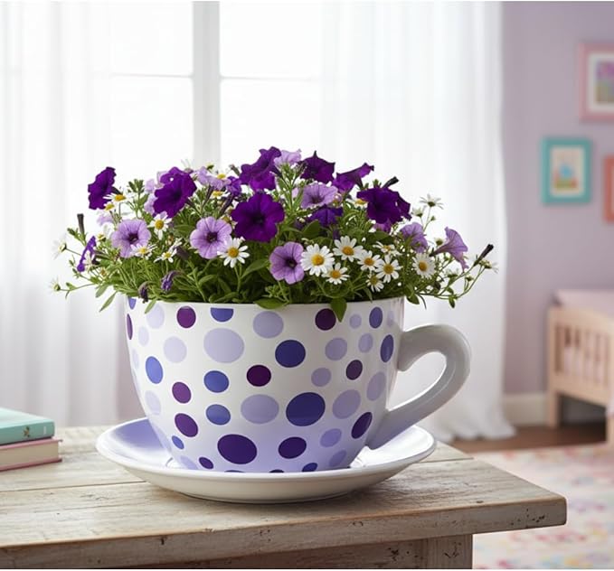 7.5” Round Ceramic Teacup Planter with Saucer – Purple Polka Dot Design Pot for Succulents, Orchid, Herbs & Indoor Houseplant/Flowers for Valentines Day Gift