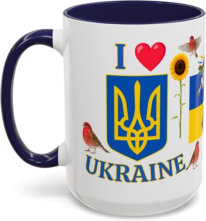 I Love Ukraine 15 oz Coffee Mug - Gift - Christmas Birthdays Gift; Tea Cup (Navy Blue Handle)