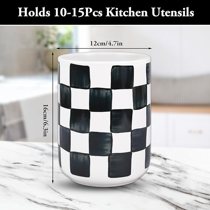 JarThenaAMCS Checkered Ceramic Utensil Holder Watercolor Black White Plaid Utensil Crock for Home Kitchen Countertop Storage Organizer, Set of 2