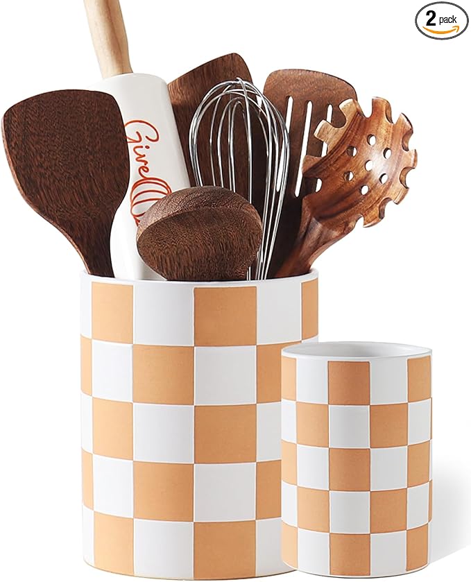 Utensil Holder，7.2 Inch Checkered Utensil Holder, Ceramic Cooking Utensil Spoon/Spatula Holder for Countertop, Kitchen Decor and Accessories, Brown