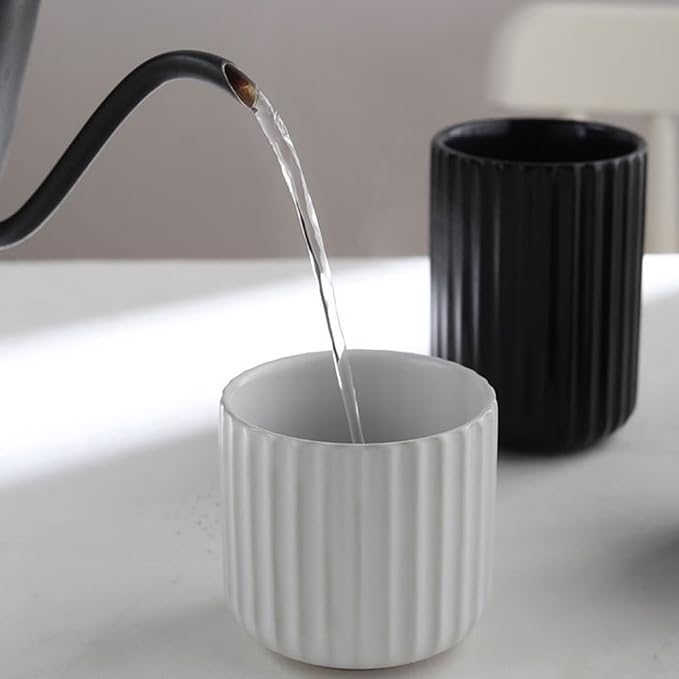 Nordic Ceramic Mug, Japanese Tea Cup 10oz Striped Cup No Handle Drinking Cup for Latte Milk Water Beverage Juice Microwave and Dishwasher Safe (Matte Black)