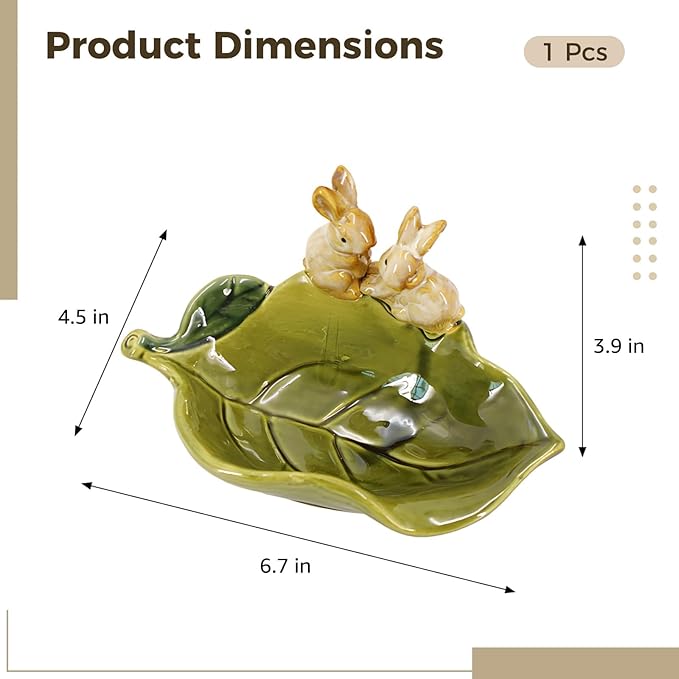 Cute Ceramic Soap Dish, Decorative Leaf Design with 3D Rabbit Figurines, Fast Draining Bathroom Soap Holder, Countertop Accessory for Kitchen, Office