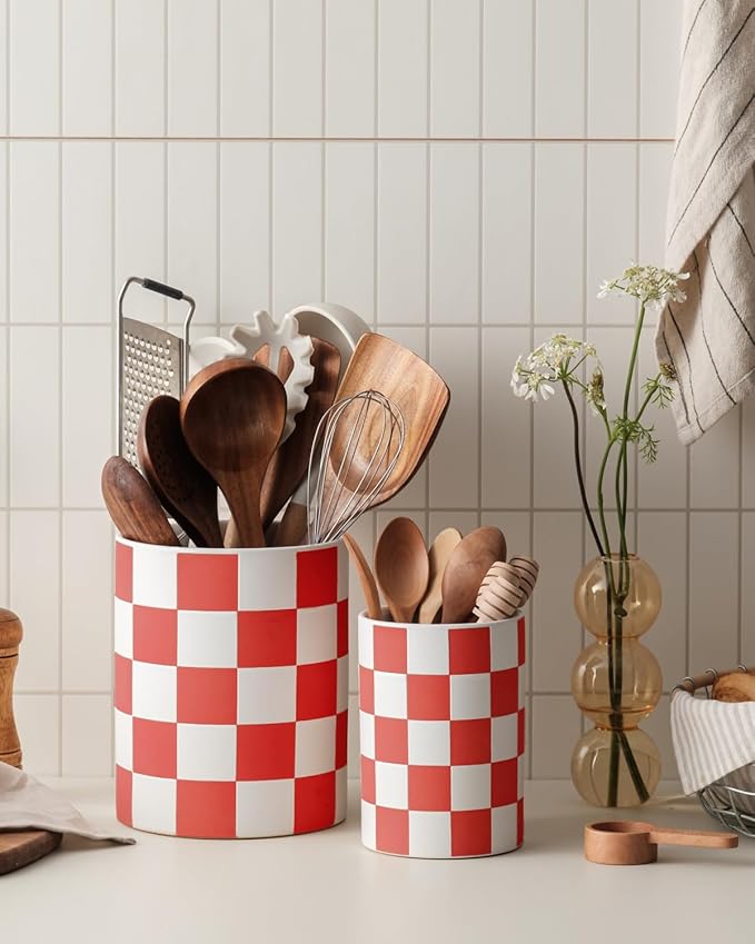 Utensil Holder，7.1"+5.8" Ceramic Kitchen Utensil for Counter top, Checkered Cooking Utensil Holder for Spatula & Spoon, Kitchen Decor, Set of 2 (Red Checkered)