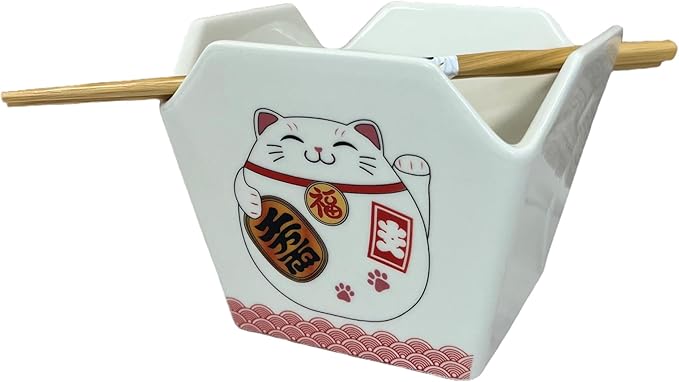 Urban Tokyo Chinese Takeout Box Style Porcelain Bowl With Chopsticks 18 fl oz Square Shape Rice Noodles Pasta To Go Box Shaped Bowl Microwave Dishwasher Safe (Lucky Cat)
