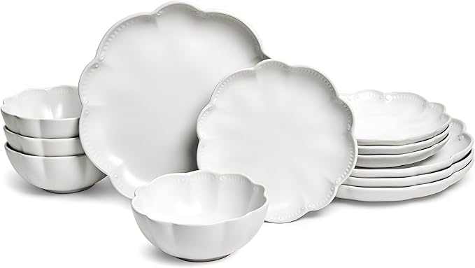 Sango Bethany 12 Pieces Scalloped White Plates & Bowls Set
