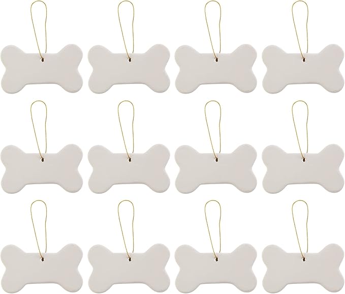 Creative Hobbies Ready to Paint DIY Ceramic Bisque Bone Shape Ornaments with Hanger for Christmas Tree and Holiday Decoration | Pack of 12