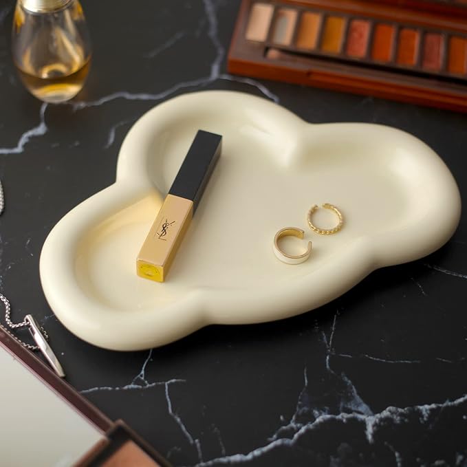 Jewelry Dish Trinket Tray for Women, Ring Dish Holder, Unique Cloud Shape Ceramic Plate Cute Things Vanity Aesthetic Room Decor Mother's Day Birthday (Crème)