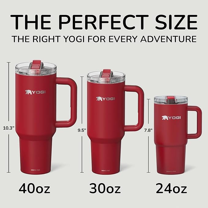 YOGI Ceramic Lined Metal Allergy Safe 24oz Tumbler with Handle and Straw Leakproof Flip & Sip Lid Vacuum Insulated Stainless Steel Travel Cup for Iced Coffee Water and All-Day Hydration 24oz Crimson
