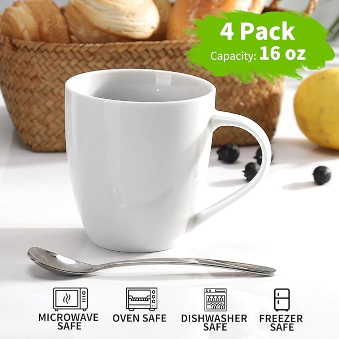 Mfacoy White Coffee Mugs Set of 4, 16 Ounce Mug with Handles, Ceramic Coffee Cups, Porcelain Mugs Sets, Large Coffee Mugs for Coffee, Tea, Hot Cocoa, Milk, Microwave and Dishwasher Safe