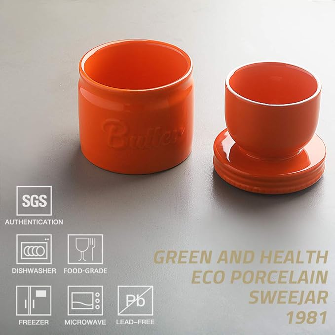 Sweejar Porcelain Butter Keeper Crock, French Butter Dish with Water Line, Ceramic Butter Container for soft butter (Orange)