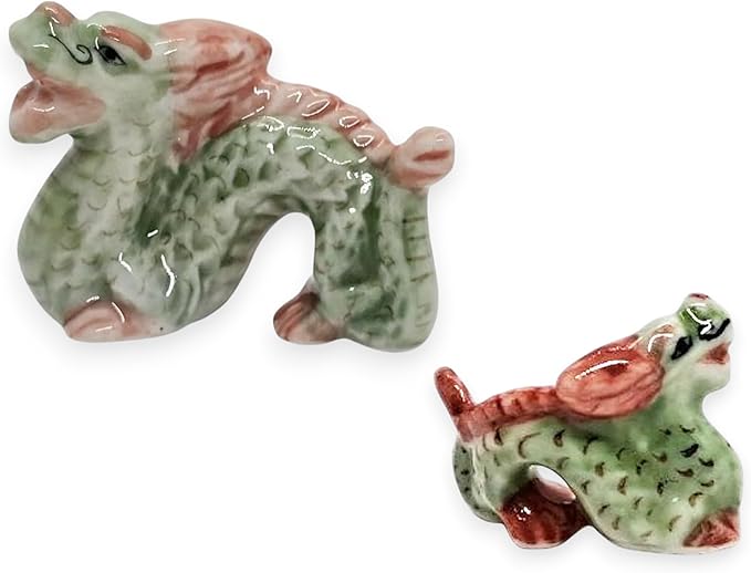 Bundle WitnyStore 1½" Green Red Chinese Asian Dragon Ceramic Figurine for Terrarium Decoration Collectible Statue for Adult Collectors Handcrafted Porcelain Ornament Sculpture Home Room Tabletop Decor