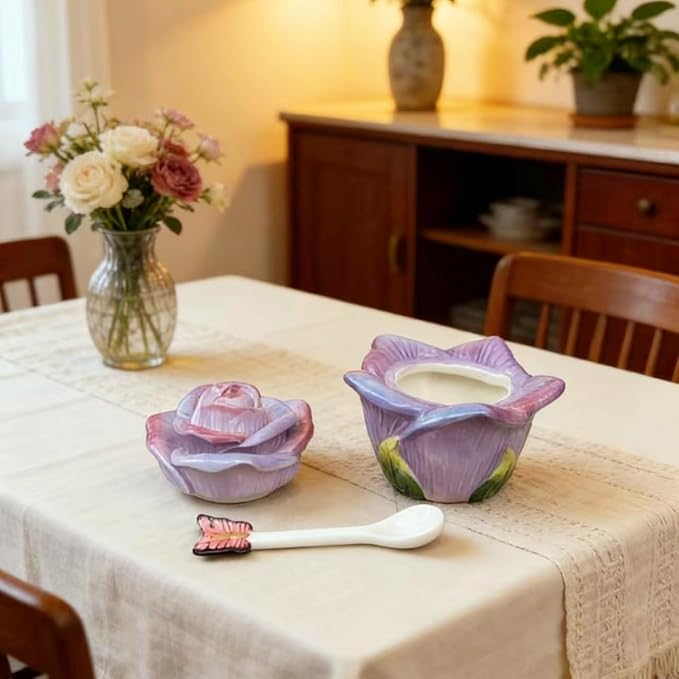 Ceramic Rose Spice Jars - 3D Hand-Sculpted & Hand-Painted Condiment Pots for Salt, Sugar, Pepper (Pinkish Purple)