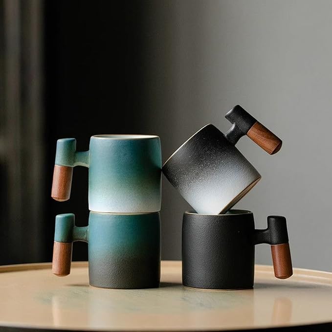 2-Oz Ceramic Espresso Cups with Wood Handle, 2/4-Piece Set for Coffee, Tea, Latte - Dishwasher Safe, Multi-Color & Wood Styles, Gift & Café Use (blue black, Wooden Handle4)