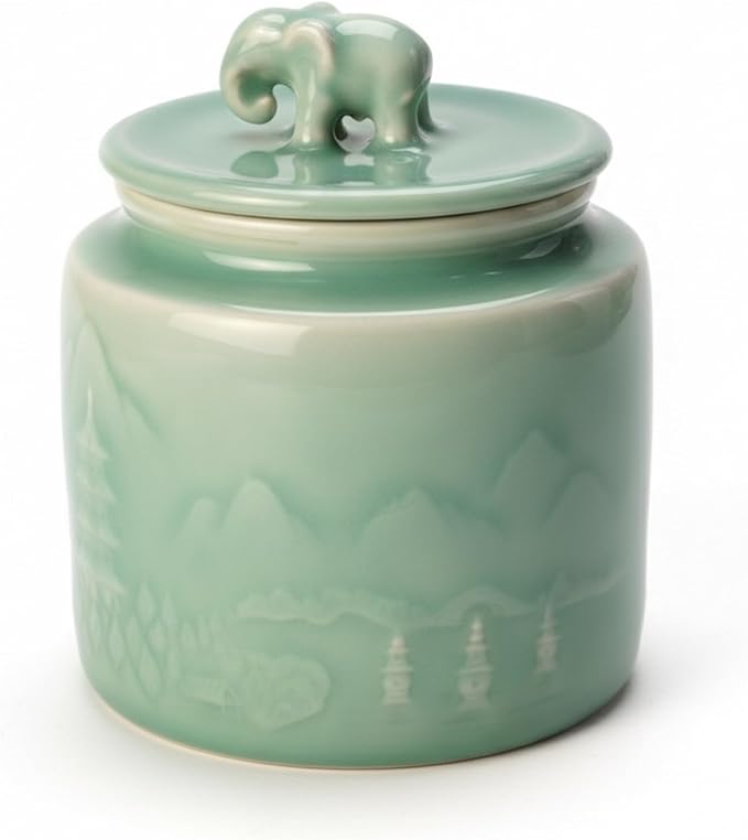 Sage Green Ceramic Storage Jar with Elephant Lid – Handmade Celadon Canister for Tea, Herbs & Spices, Airtight Jar for Kitchen, Feng Shui Gift & Home Décor