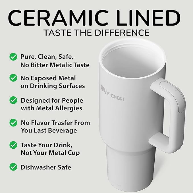 YOGI Ceramic Lined Metal Allergy Safe 40oz Tumbler with Handle and Straw Leakproof Flip & Sip Lid Vacuum Insulated Stainless Steel Travel Cup for Iced Coffee Water and All-Day Hydration 40oz Polar