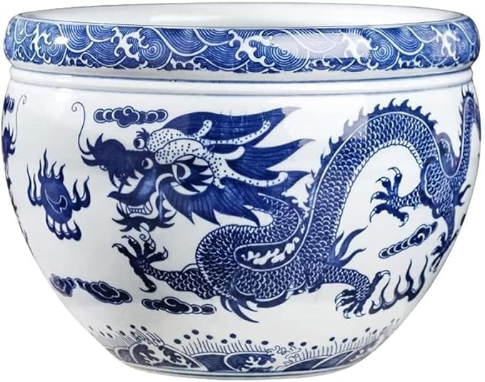 Ceramic Flower Pots Chinese Blue And White Porcelain Asian Double Dragon Fire Pearl Fish Bowl Succulent Plant Pots Succulent Planter Indoor Decoration Cylinder Planter Bonsai Pots-18.5x13.5cm