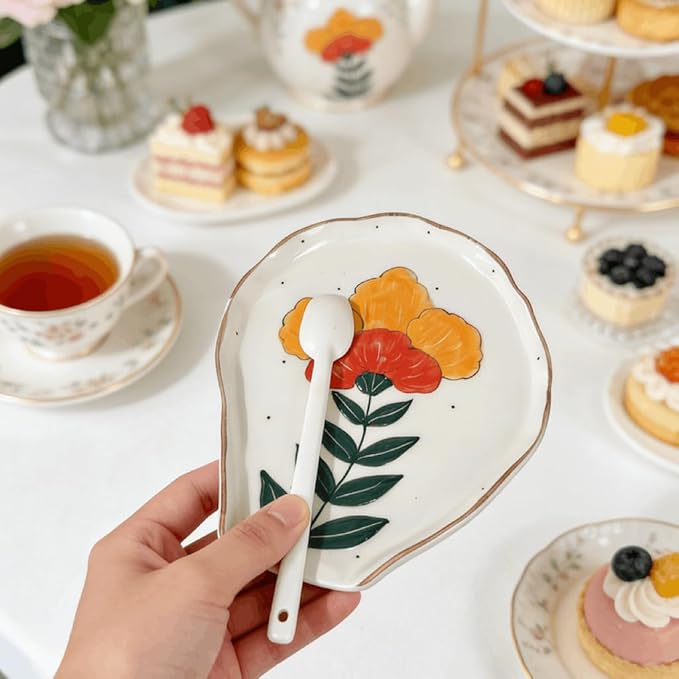 Hand-Painted Floral Ceramic Spoon Rest - Flower-Shaped Stove Top Holder & Jewelry Tray, Multifunctional Kitchen Decor & Unique Gift for Coffee Lovers & Home Chefs